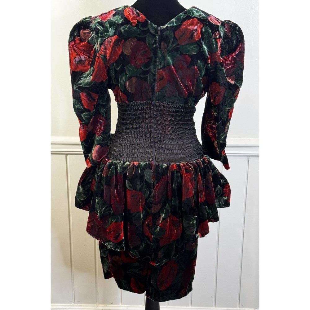 Vintage 1980s Party Dress M Black Red Velvet Floral Glam USA Puff Sleeve Bow - Picture 4 of 16